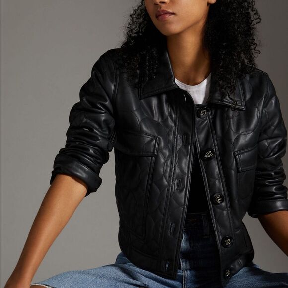 Maeve Anthropologie Faux Leather Cropped Jacket Black Size 2 - Picture 1 of 14